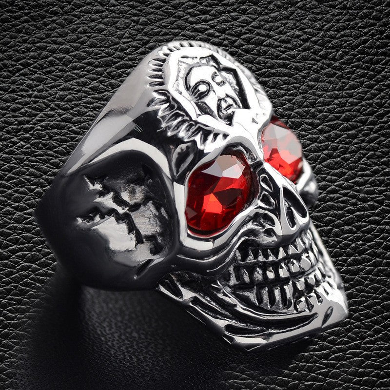 Red Gem Eye 3D Skull Embossed Ring, S925 Silver Antiqued Dark Biker Wide Band For Men