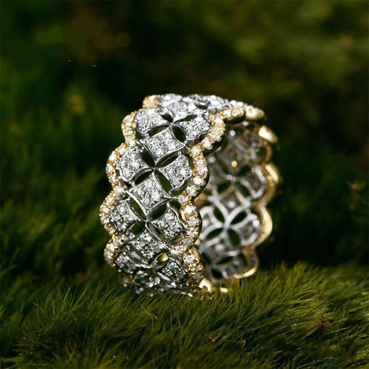Two-Tone Window Filigree Wide Ring, Vintage Royal Diamond Carved Band For Women, S925 Silver Base