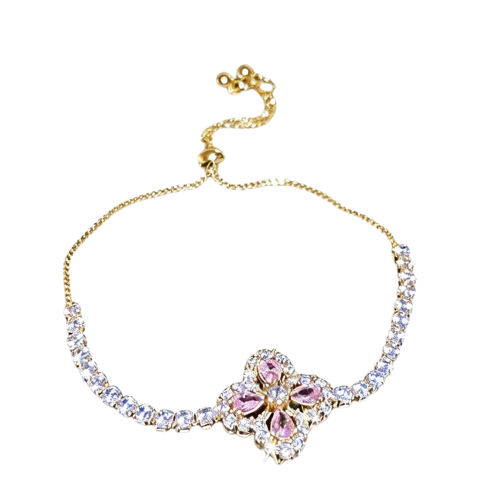 Luxury Four-Leaf Clover Pink Diamond Adjustable Bracelet, Gold & Silver Paved Diamond Pull Chain Women Bracelet