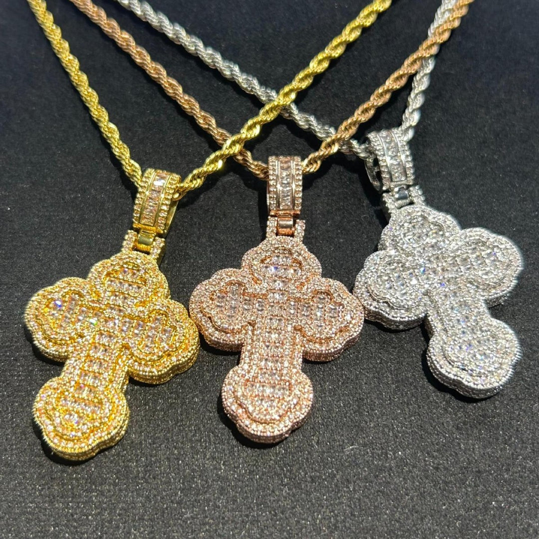 Vintage Floral Border Full Diamond Cross Pendant Necklace, S925 Silver Hip Hop Iced Out Twist Chain Jewelry