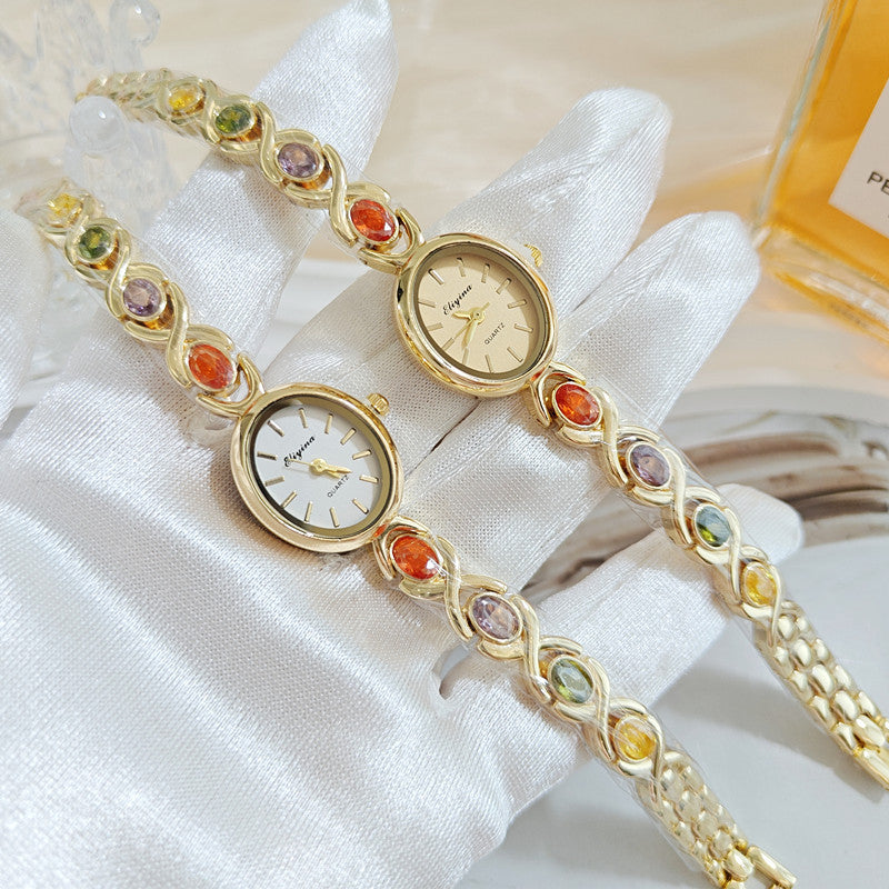 Oval Dial Colored Gemstone Bracelet Style Quartz Watch (Luxury Elegant Women's Wristwatch)