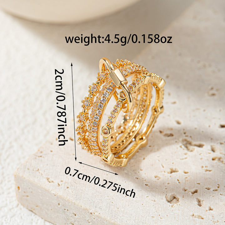 Multi-Layer Lock Paved Diamond S925 Silver Stackable Ring, Luxury Horseshoe Buckle Band Available in 2 Tones