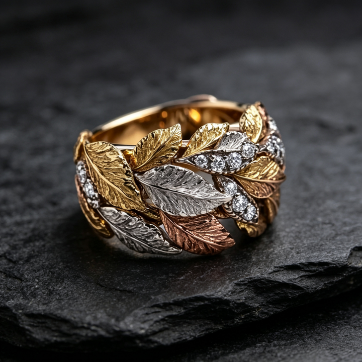S925 Silver Tri‑Tone Intertwined Leaf Diamond Wide Band Ring, Vintage Heavy‑Craft Foliage Women Ring