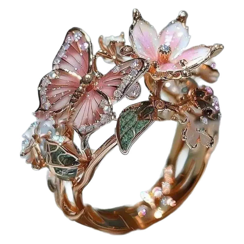 Enamel Butterfly & Flower 3D Open Ring, 3-Tone Vintage Forest Style Paved Diamond Artistic Statement Ring for Women