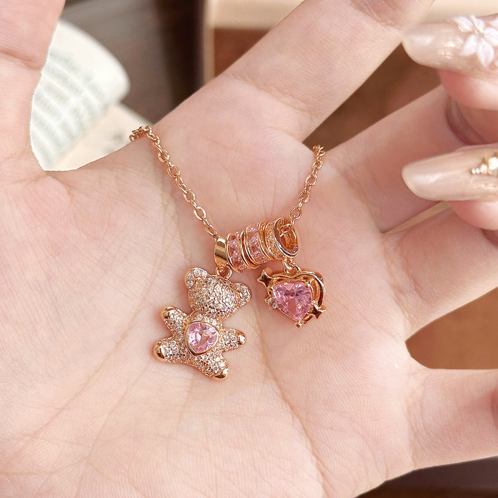Cute Pave‑Set Bear & Heart Pendant Necklace, Gold & Silver‑Tone Options