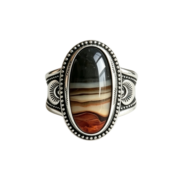 Western Style Oval Landscape Agate Vintage Totem Wide Ring, S925 Silver Antiqued Native Ethnic Men’s Band