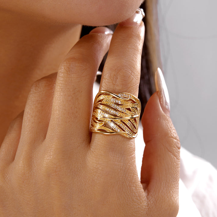Interlaced Leaf Pave Diamond Wide Ring, Gold Sculpted Palm Leaf Hollow Statement Band For Women