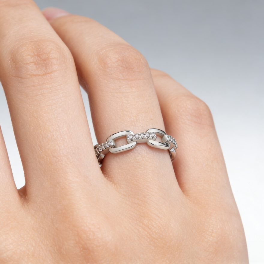 Pig Nose Chain diamond Open Ring (Silver Tone Delicate Everyday Band)