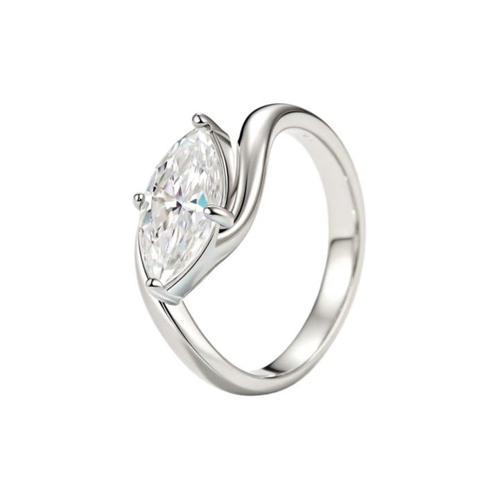 Twist Shank Marquise Stone Four-Prong Ring, Gold & Silver Minimalist Engagement Promise Band