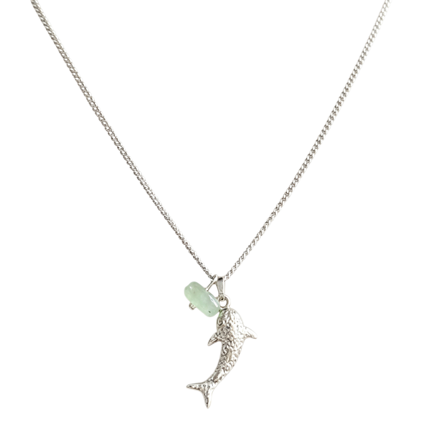 Textured Dolphin Natural Jade Collarbone Necklace, Pink Quartz & Green Aventurine, Gold & Silver Two-Tone Ocean Style Thin Chain