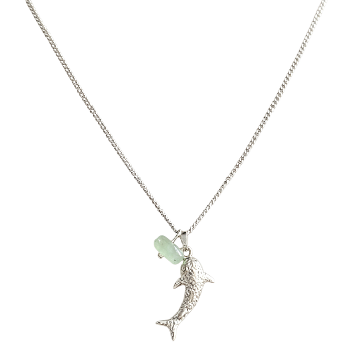 Textured Dolphin Natural Jade Collarbone Necklace, Pink Quartz & Green Aventurine, Gold & Silver Two-Tone Ocean Style Thin Chain