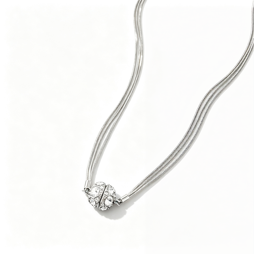 S925 Silver Multi-strand Snake Chain Diamond Ball Necklace, Luxury Multi-line Rhinestone Round Pendant Gold & Silver Tone Clavicle Chain