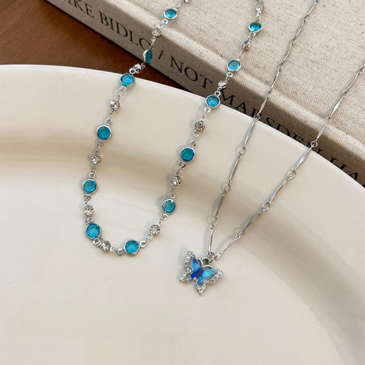 Two-Layer Stackable Color Crystal Butterfly Necklace, Bezel-Set Round Diamond Chain with Butterfly Pendant, Fresh Forest-Style Double Collarbone Chain
