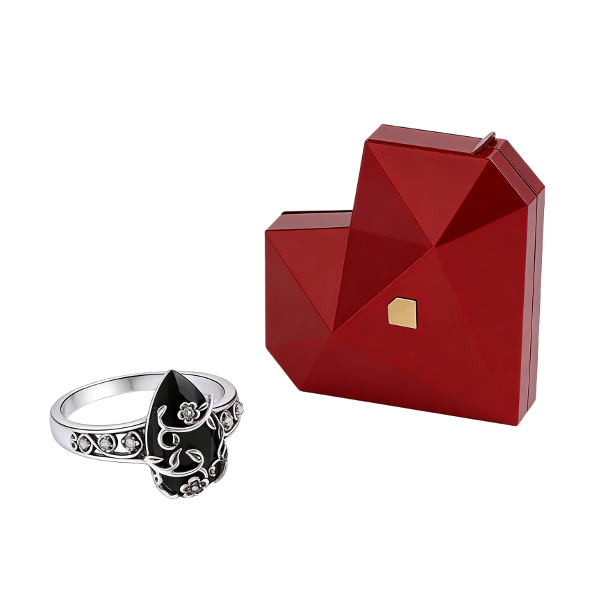 Vintage Vine Black Agate Ring (Light Luxury Niche Dark Style Band)