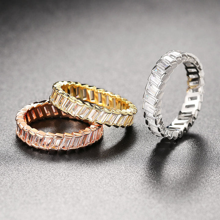 Baguette Chain Link Eternity Ring, 3 Colors Full Diamond Hollow Band For Women