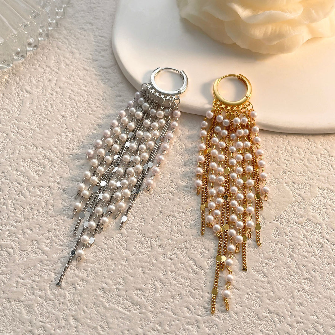 S925 Silver Long Pearl Tassel Hoop Earrings, Luxury Multi-layer Chain Pearl Drop Earrings, Gold & Silver Tone Face Slimming Earrings for Party