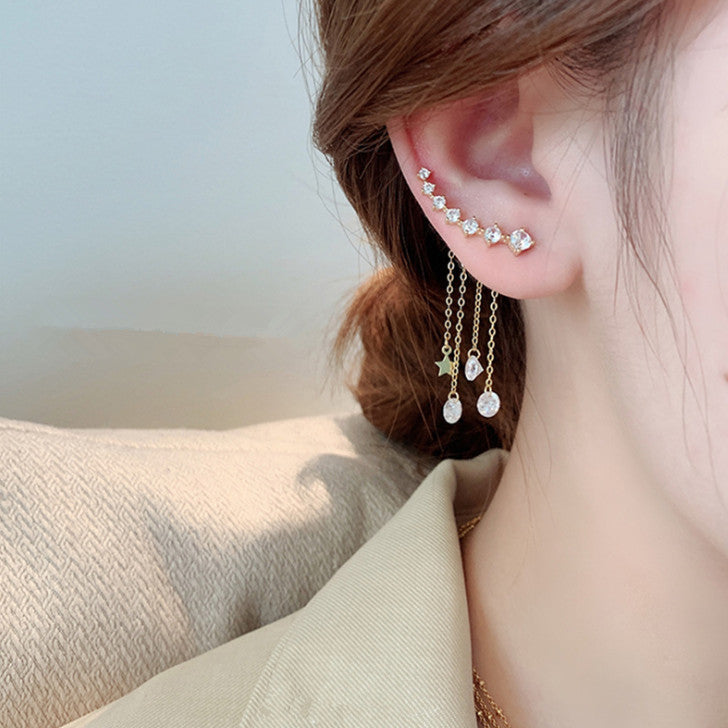 Star & Teardrop Diamond Tassel Stud Earrings, Luxury Long Chain Dangle Earrings, Gold & Silver Two Tones Available