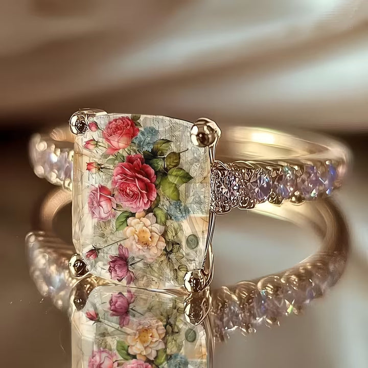 Vintage Oil Painting Rose Crackle Rectangle Resin Stone Pave Ring, Solid S925 Silver Gold-Plated French Artistic Floral Band