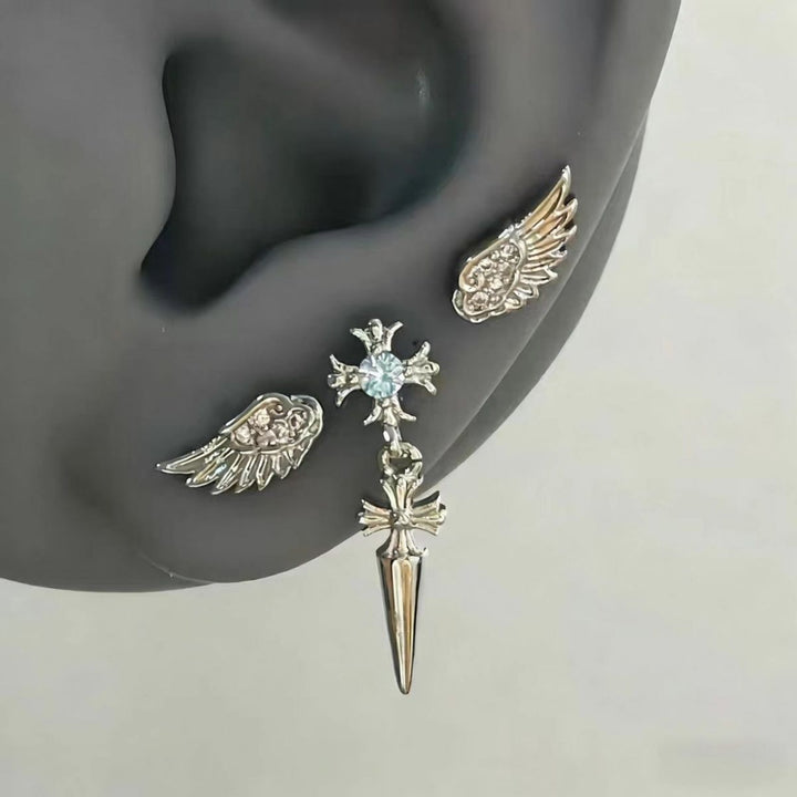 Wings & Cross Dagger Stud Set (Dark Goth Punk Earrings)