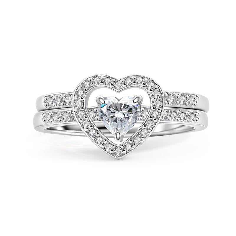 Double Heart Diamond Hollow Halo Ring Set (Luxury Romantic Engagement Band Set)