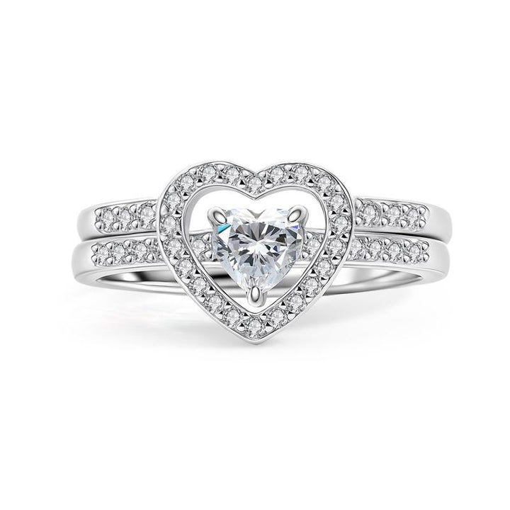 Double Heart Diamond Hollow Halo Ring Set (Luxury Romantic Engagement Band Set)