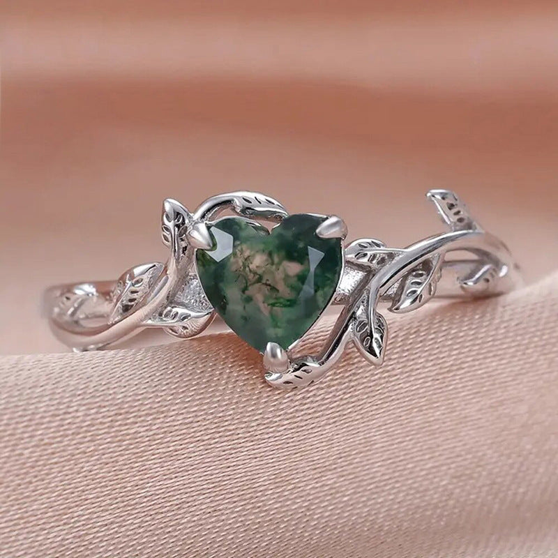Vine Heart Moss Agate Ring, Silver Vintage Forest Style Heart Gemstone Band For Women