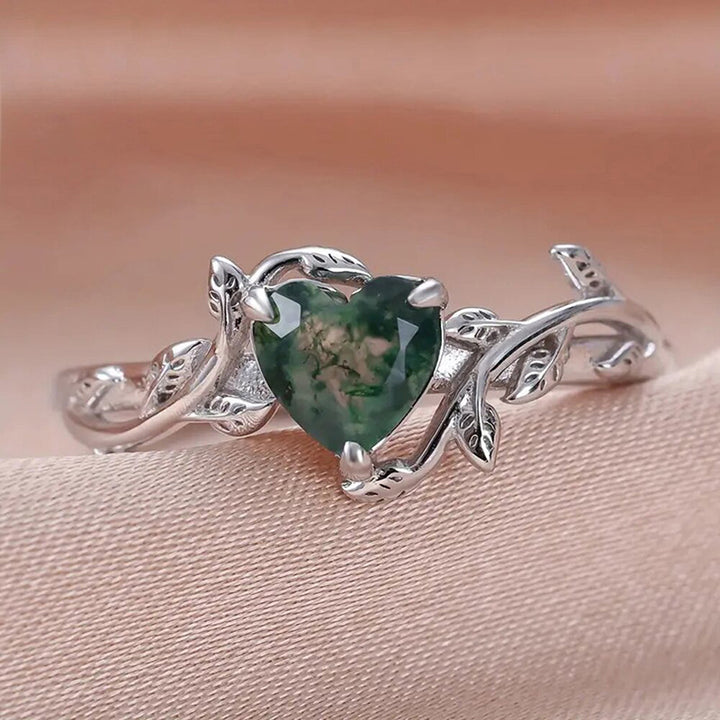Vine Heart Moss Agate Ring, Silver Vintage Forest Style Heart Gemstone Band For Women