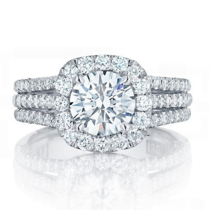 Double Halo Round Diamond Triple Row Band Ring Set, Luxury Center Stone Full Paved Engagement Ring, Gold Silver Rose Gold Three Tones Available