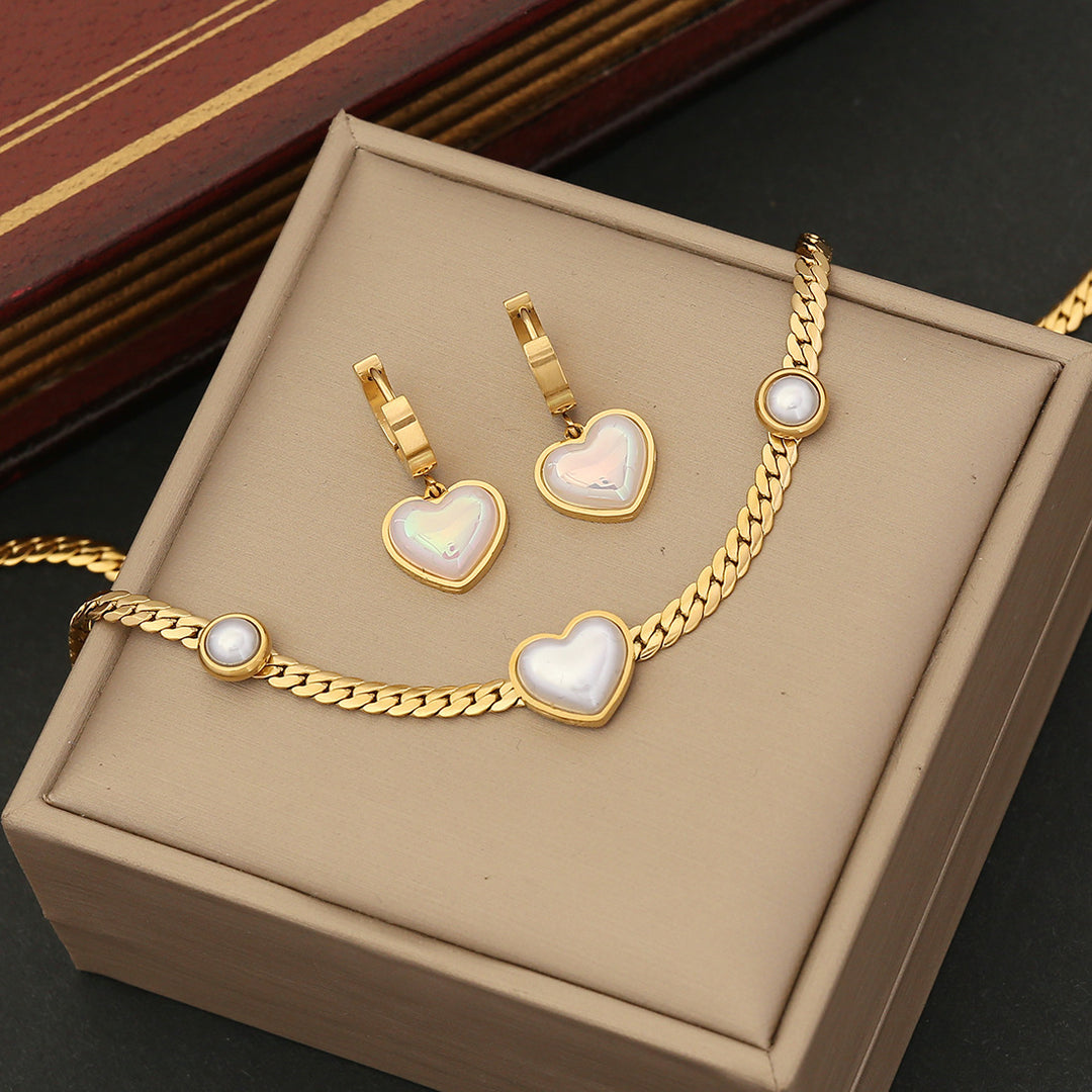 White Mother-of-Pearl Heart Cuban Link Necklace & Earring Set (Vintage Luxury Style)