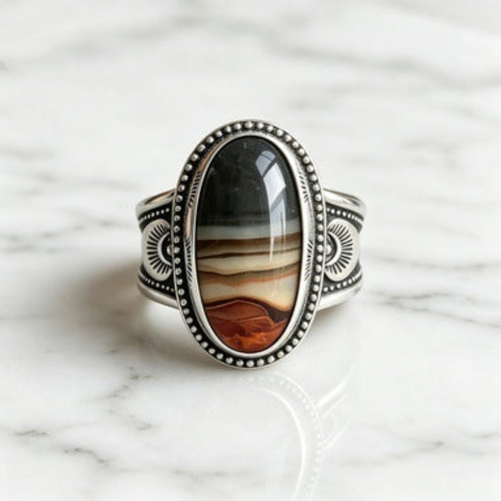 Western Style Oval Landscape Agate Vintage Totem Wide Ring, S925 Silver Antiqued Native Ethnic Men’s Band