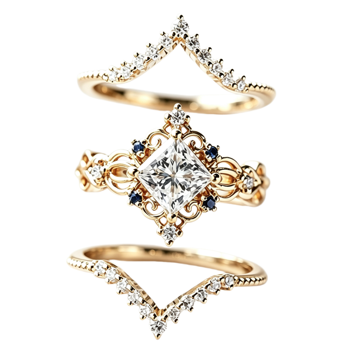 Vintage Filigree Princess Cut Sapphire 3-Piece Ring Set, Solid S925 Silver Gold Tone Bridal Stackable Jewelry Set