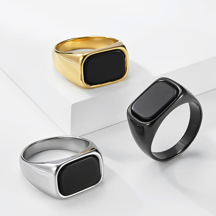 S925 Silver Square Black Onyx Men Signet Ring, Multi‑Color Minimalist Wide Plain Band