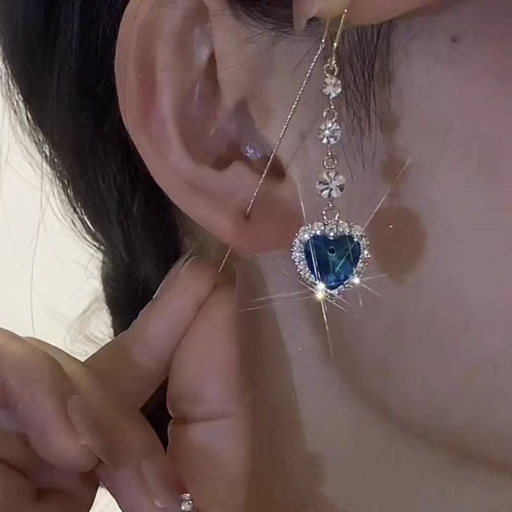 Gradient Blue Heart Diamond Long Threader Earrings, Vintage Dangling Heart Earrings with S925 Silver