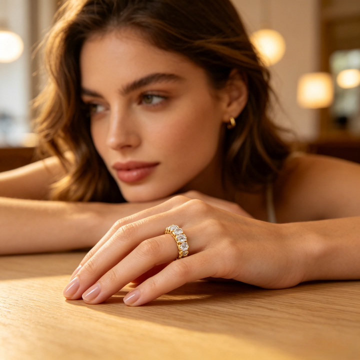 Oval Full Eternity Band Ring, Gold Silver Rose Gold Paved Diamond Stackable Wedding Band