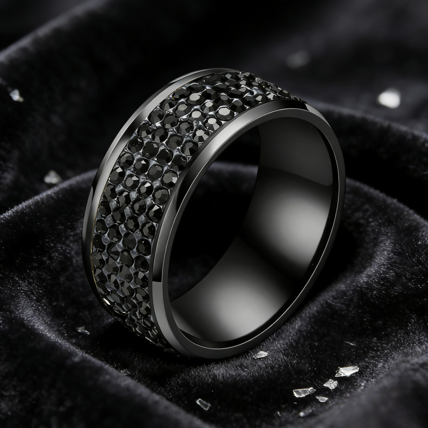 Multi-Row Pavé Wide Band Ring (Edgy Titanium Steel Statement Ring)