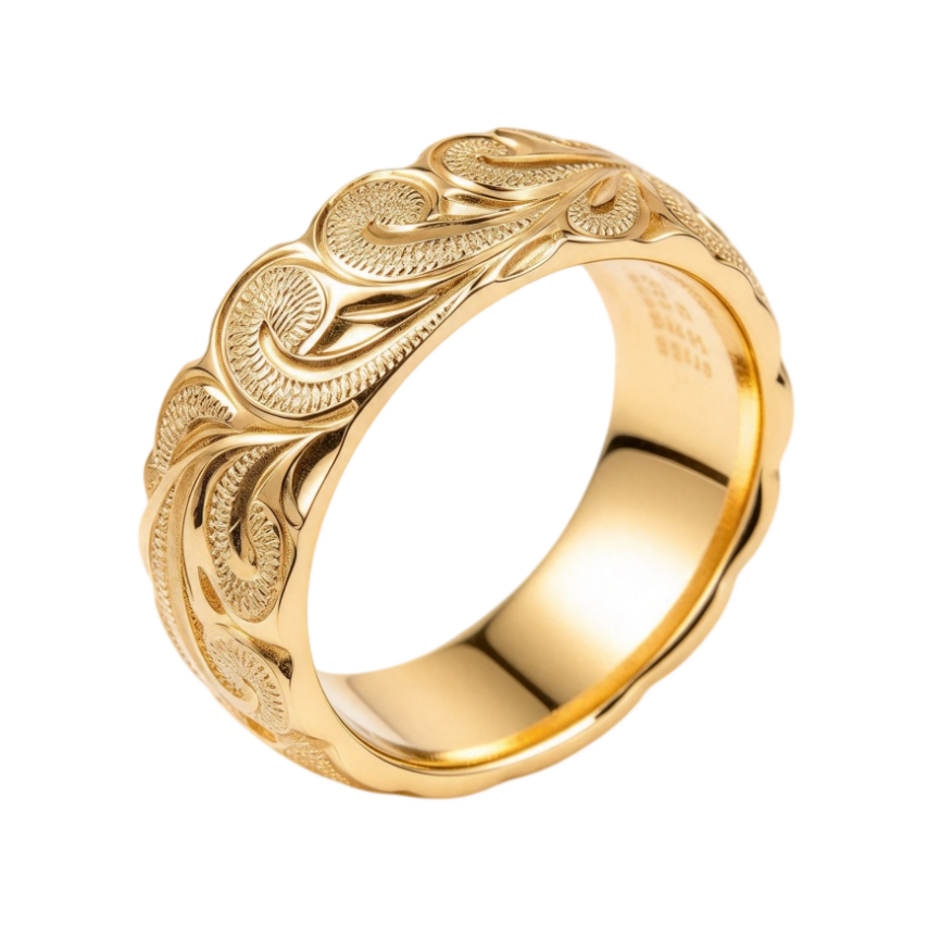 Vintage Scroll‑Engraved Wide S925 Silver Ring, European Carved Band Ring, Gold & Silver Two‑Tone For Men