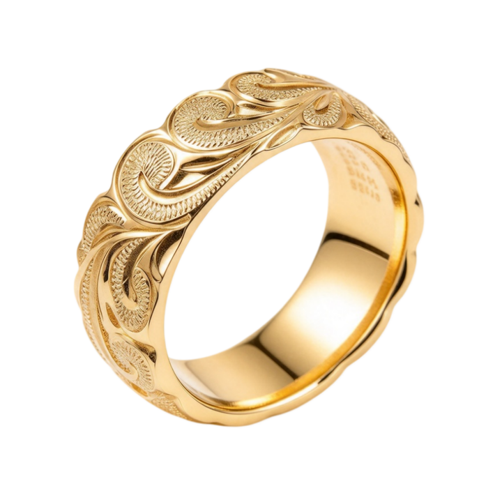 Vintage Scroll‑Engraved Wide S925 Silver Ring, European Carved Band Ring, Gold & Silver Two‑Tone For Men