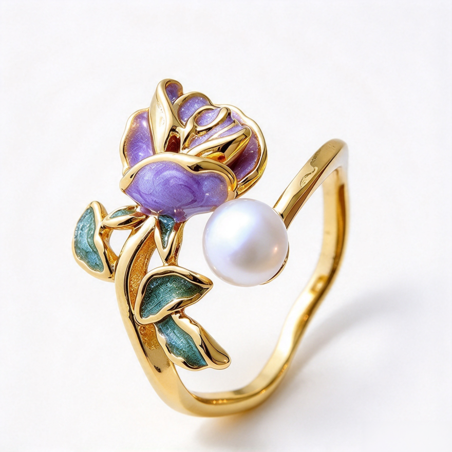 Enamel Rose Pearl Open S925 Silver Gold‑Tone Ring