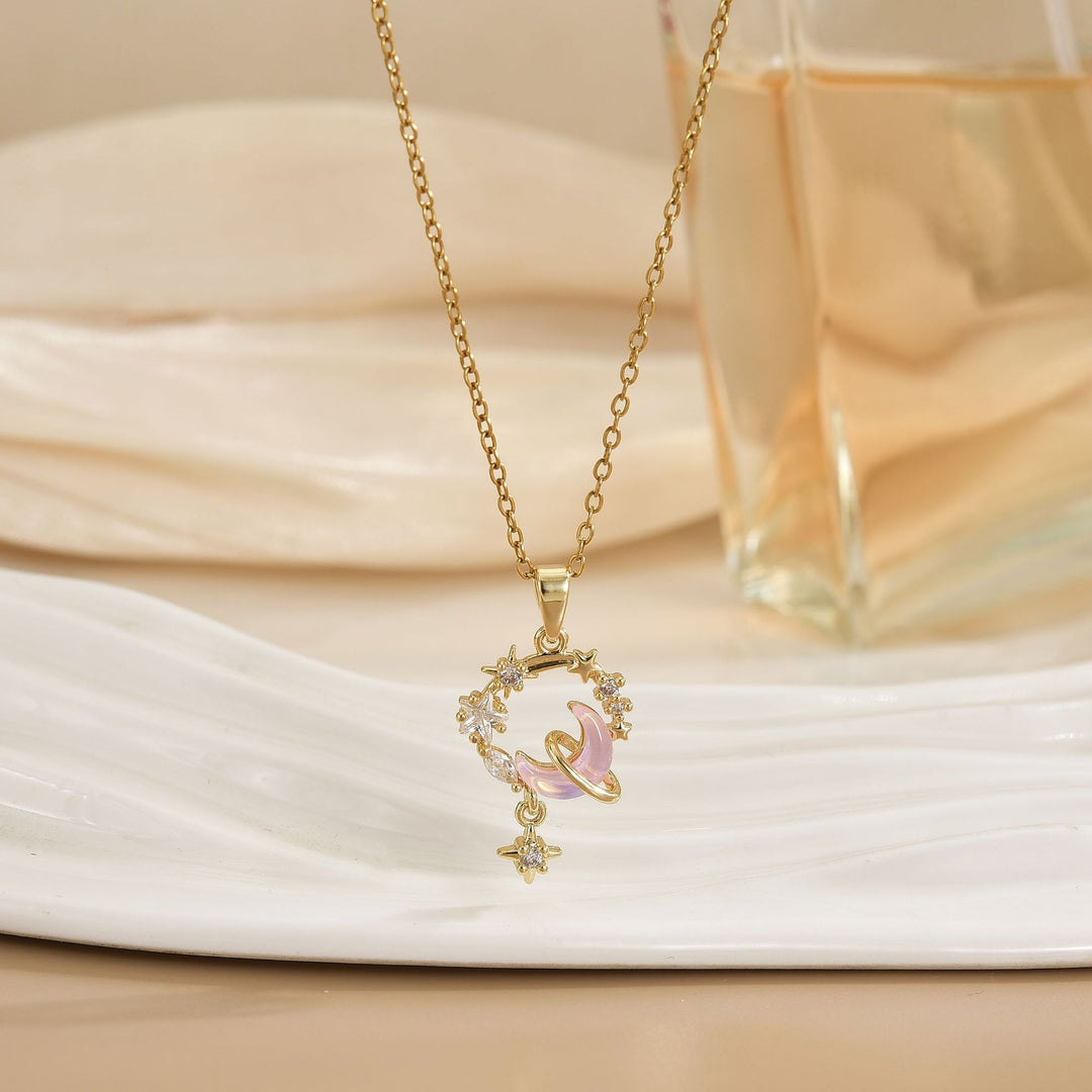 Dreamy Star & Moon Pink Diamond Wreath Necklace, Luxury Diamond Elegant Gold Clavicle Chain for Women
