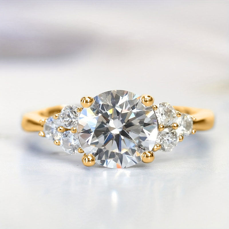Four-Prong Round Center Stone Side Accent Engagement Ring, Solid S925 Silver Gold & Silver Two-Tone Luxury Promise Jewelry
