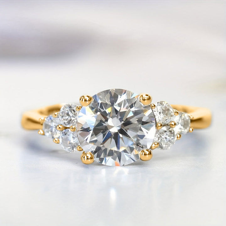 Four-Prong Round Center Stone Side Accent Engagement Ring, Solid S925 Silver Gold & Silver Two-Tone Luxury Promise Jewelry