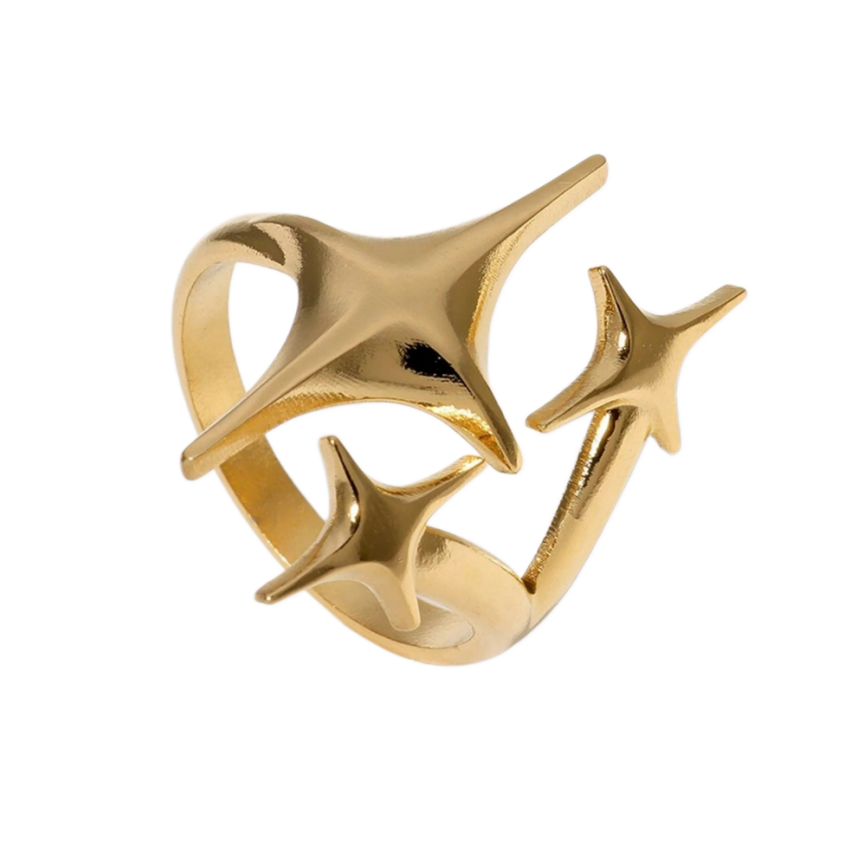 3D Triple Four-Pointed Star Open Ring, S925 Silver 14K Gold Plated Minimalist Star Statement Band For Women