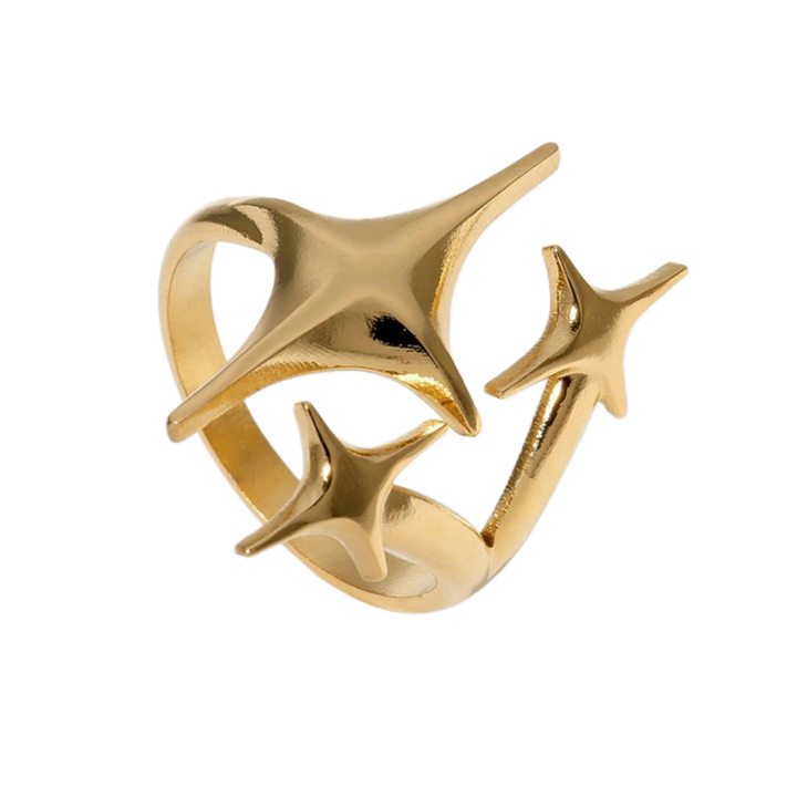 3D Triple Four-Pointed Star Open Ring, S925 Silver 14K Gold Plated Minimalist Star Statement Band For Women