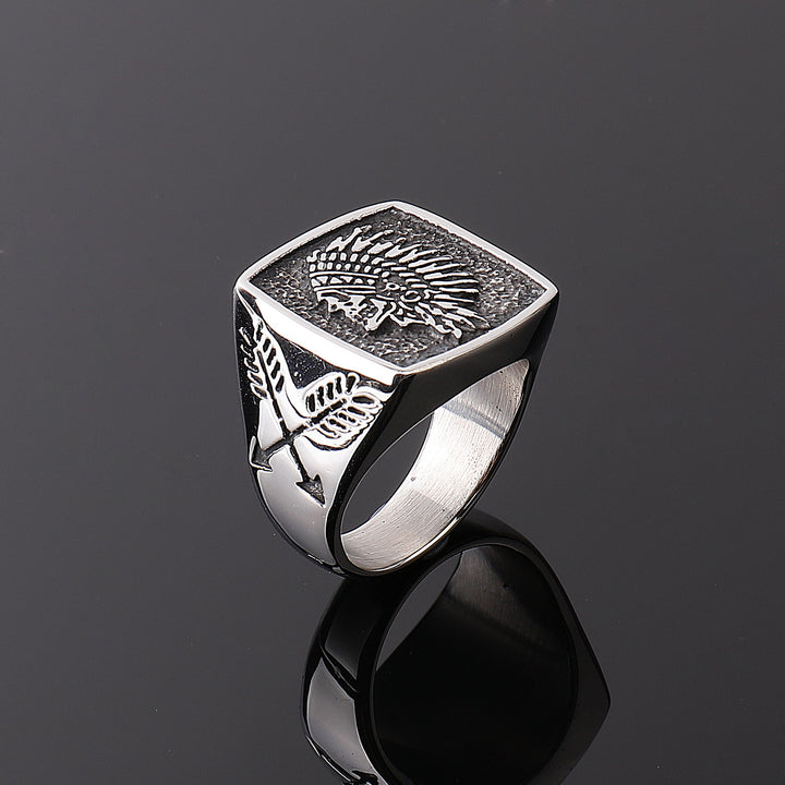 Native American Chief Skull Embossed Square Wide Ring, Solid S925 Silver Antiqued Tribal Heavy Men’s Band