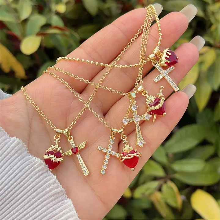 Sweet & Spicy Red Heart Cross Necklace Series (Y2K Grunge Clavicle Chain)