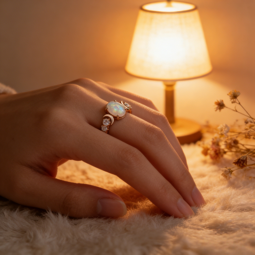 Moon & Star Opal Rose Gold Ring (Dreamy Girly Statement Band)