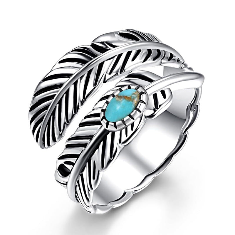 Vintage Feather Turquoise Open Adjustable Ring, Ethnic Antique Silver Unisex Wrap Statement Ring