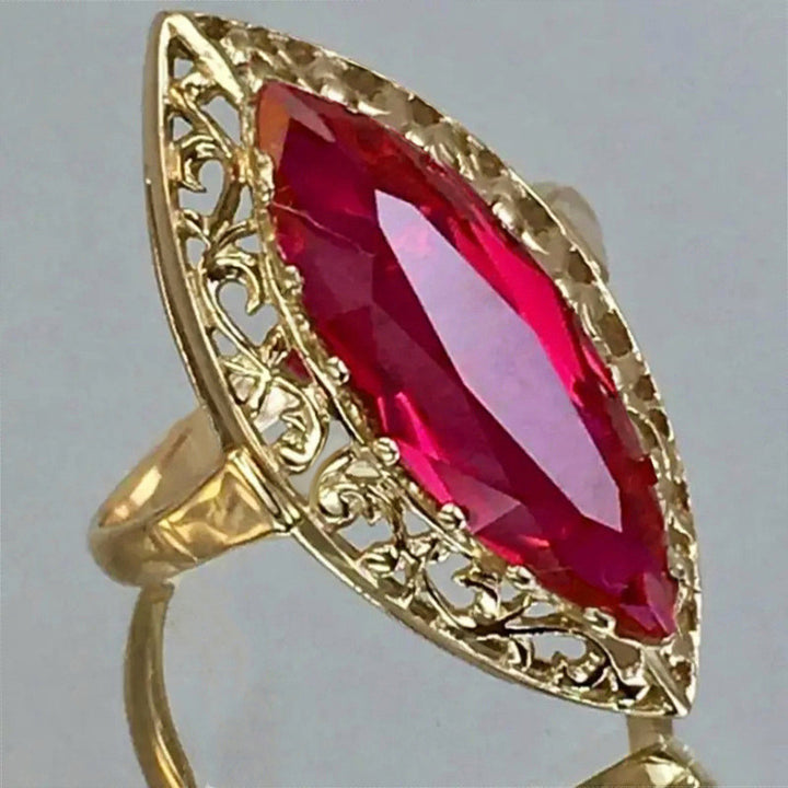 Marquise‑Cut Red Stone Vintage Filigree Gold‑Tone Ring