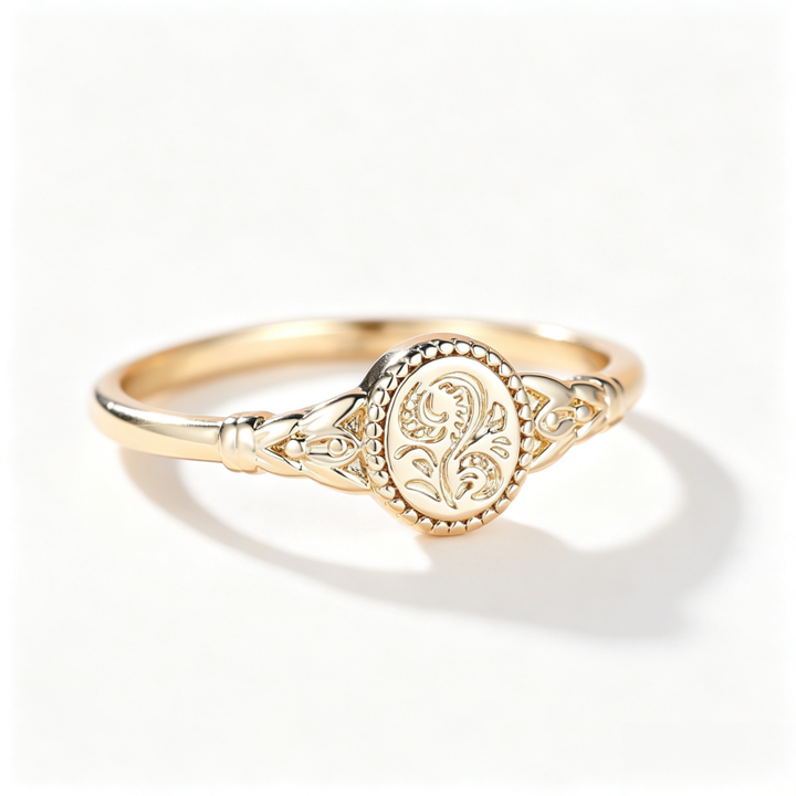 Vintage Engraved Floral Oval‑Plate 14K Gold Thin Band Ring