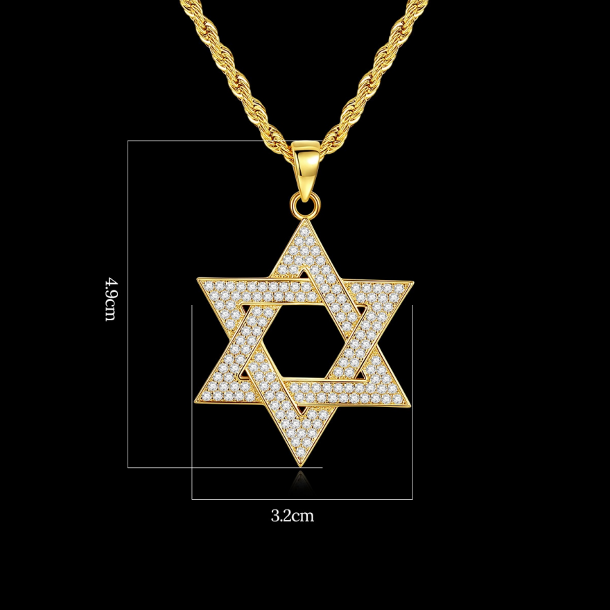 Full Paved Hexagram Pendant Necklace with Twisted Rope Chain, Vintage Streetwear Luxury Necklace